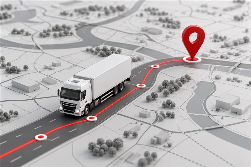 Fleet tracking illustration with a delivery truck, red route and location marker