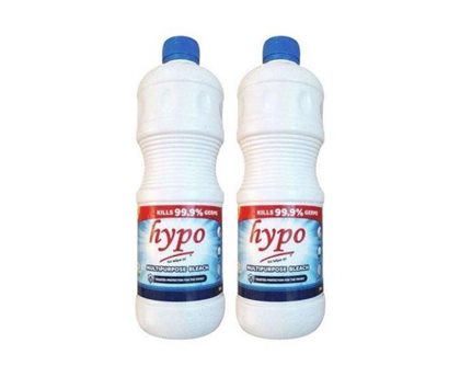 Two Hypo multipurpose bleach bottles with blue caps