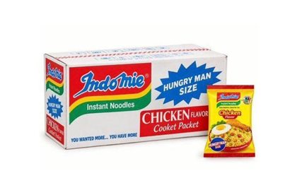 Indomie Hungry Man chicken flavour carton and noodle packet